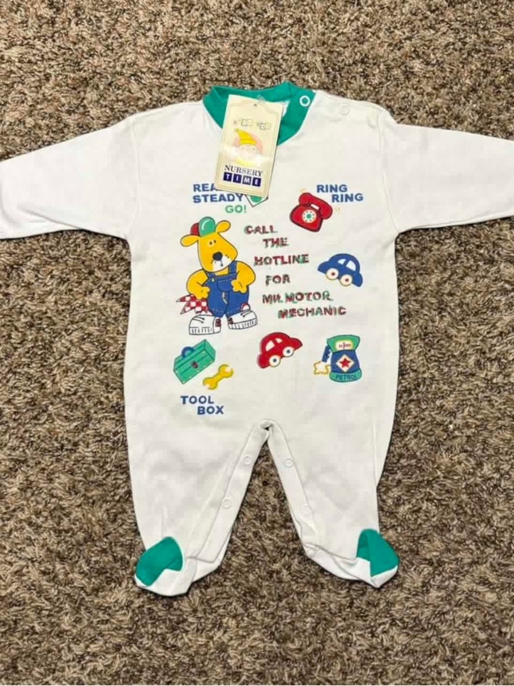 White & Teal Baby One-Piece with Playful Mechanic Print